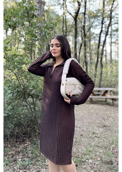 Kadın Bordo Polo Yaka, Kendinden Desenli, Basic Kalıp, Uzun Kollu Midi Triko Elbise fırsatları