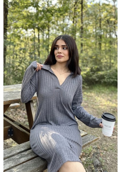 Kadın Koyu Gri Polo Yaka, Kendinden Desenli, Basic Kalıp, Uzun Kollu Midi Triko Elbise fiyatları