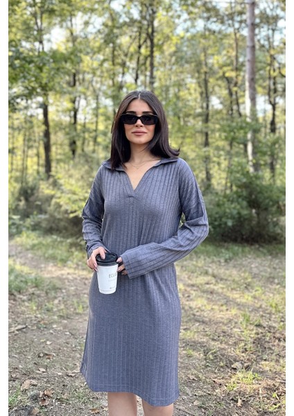 Kadın Koyu Gri Polo Yaka, Kendinden Desenli, Basic Kalıp, Uzun Kollu Midi Triko Elbise modelleri