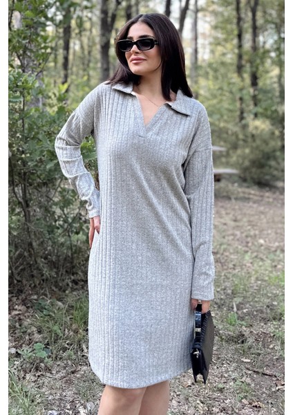 Kadın Gri Polo Yaka, Kendinden Desenli, Basic Kalıp, Uzun Kollu Midi Triko Elbise