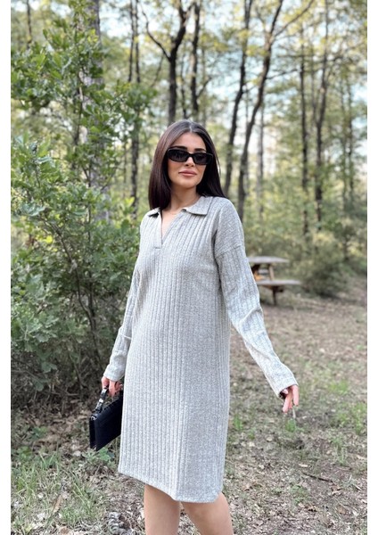 Kadın Gri Polo Yaka, Kendinden Desenli, Basic Kalıp, Uzun Kollu Midi Triko Elbise modelleri