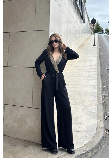 Kadın Siyah Hasır Kruvaze Yaka, Uzun Kol, Beli Kuşaklı, Cepli Airobin Salaş Tulum modelleri