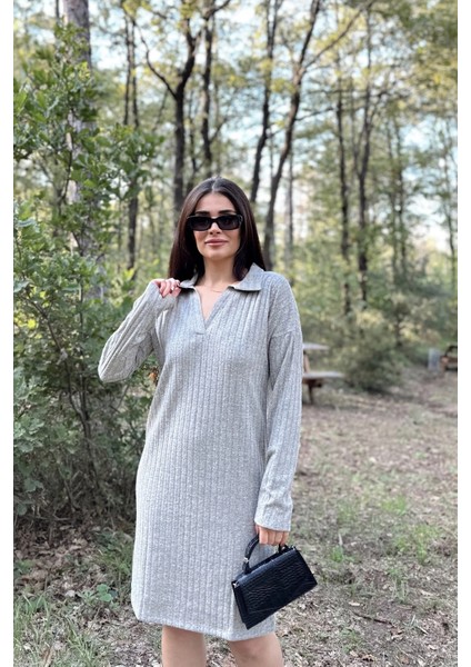 Kadın Gri Polo Yaka, Kendinden Desenli, Basic Kalıp, Uzun Kollu Midi Triko Elbise fiyatları