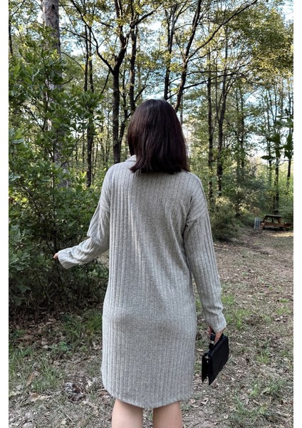 Kadın Gri Polo Yaka, Kendinden Desenli, Basic Kalıp, Uzun Kollu Midi Triko Elbise indirimleri