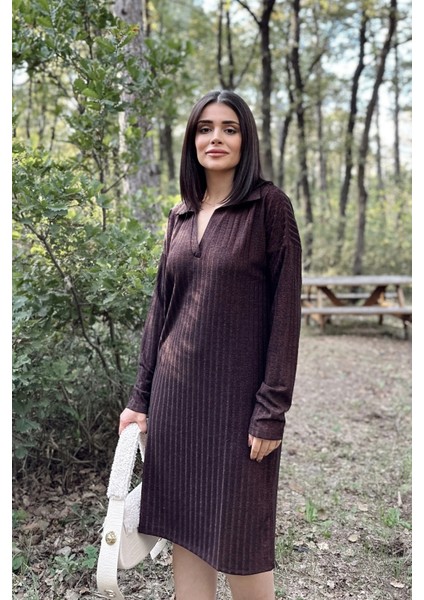 Kadın Bordo Polo Yaka, Kendinden Desenli, Basic Kalıp, Uzun Kollu Midi Triko Elbise indirimleri
