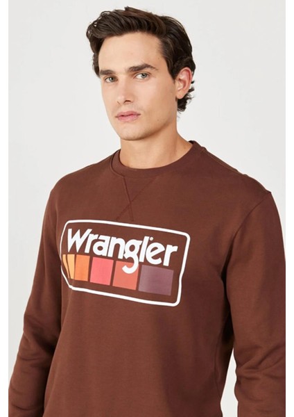 W646H1H44 Kahverengi Wrangler Baskılı Bisiklet Yaka Erkek Sweat modelleri