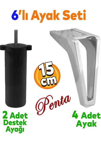 Penta 6'lı Set Mobilya Tv Ünitesi Çekyat Koltuk Kanepe Destek Yükseltici Ayağı 15 cm Krom Ayakları M8 Civatalı