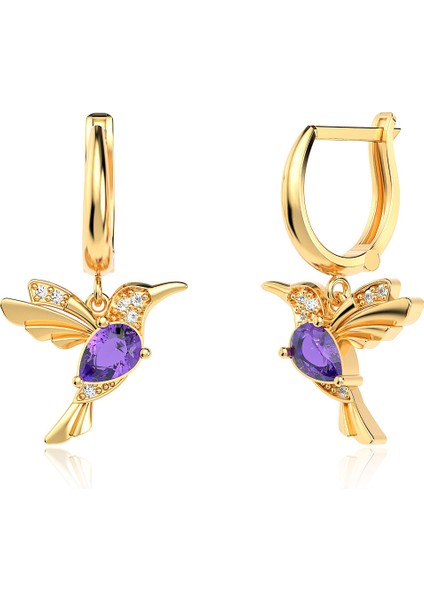 Ametist Damla Taşlı Arı Kuşu Altın Kaplama Gümüş Küpe