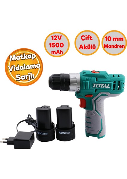 Çift Akülü Li-Ion Batarya 12V Çift Vitesli 1500 Mah LED Işıklı Darbesiz Anahtarsız Vidalama TDLI1232E