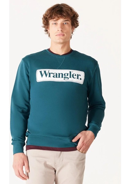 W6F3I3G03 Yeşil-Beyaz Önü Wrangler Baskılı Bisiklet Yaka Erkek Sweat