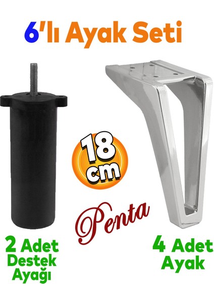 Penta 6'lı Set Mobilya Tv Ünitesi Çekyat Koltuk Kanepe Destek Ayağı 18 cm Krom Ayak M8 Civatalı
