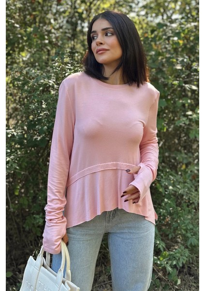 Kadın Pembe Elleri Eldiven Detaylı, Asimetrik Kesim, Bisiklet Yaka, Eteği Pliseli, Salaş Spor Bluz