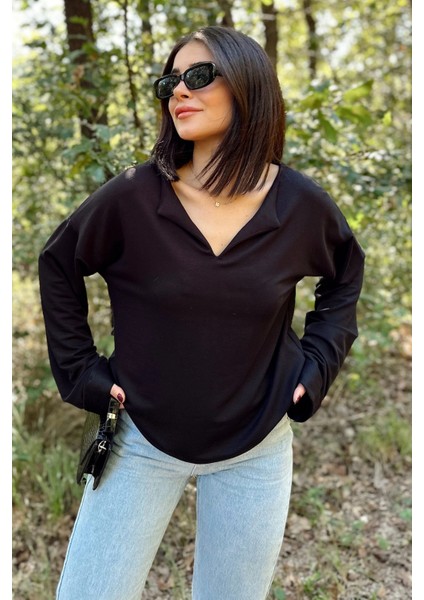 Kadın Siyah Uzun Kol, Duble Manşet, Yırtmaçlı Yaka, Salaş Sweatshirt Bluz
