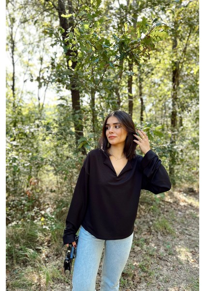 Kadın Siyah Uzun Kol, Duble Manşet, Yırtmaçlı Yaka, Salaş Sweatshirt Bluz