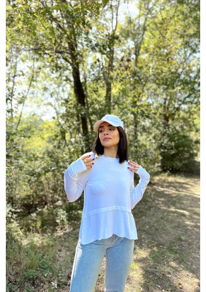 Kadın Beyaz Elleri Eldiven Detaylı, Asimetrik Kesim, Bisiklet Yaka, Eteği Pliseli, Salaş Spor Bluz modelleri