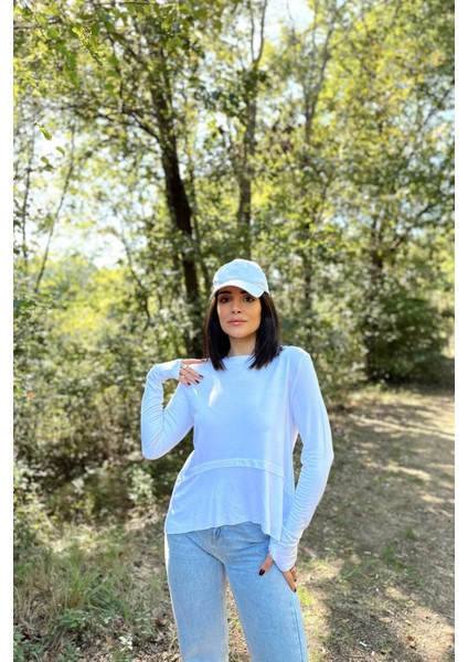 Kadın Beyaz Elleri Eldiven Detaylı, Asimetrik Kesim, Bisiklet Yaka, Eteği Pliseli, Salaş Spor Bluz fırsatları