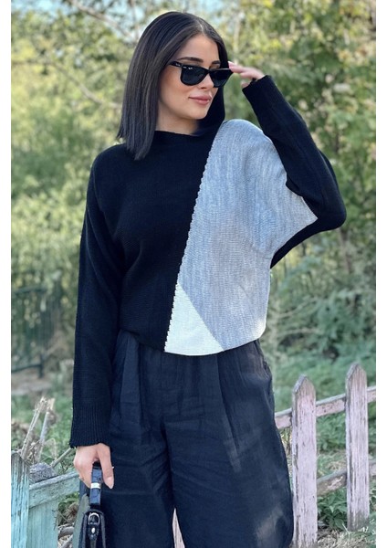 Kadın Siyah Renk Bloklu, Uzun Kol, Yumuşak Dokulu, Salaş Triko Kazak