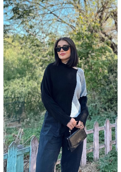 Kadın Siyah Renk Bloklu, Uzun Kol, Yumuşak Dokulu, Salaş Triko Kazak fiyatları