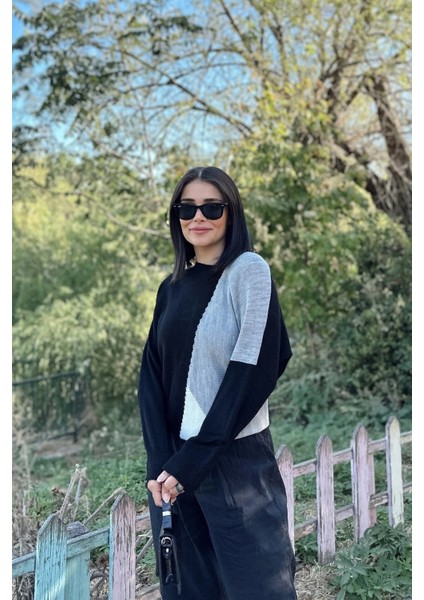 Kadın Siyah Renk Bloklu, Uzun Kol, Yumuşak Dokulu, Salaş Triko Kazak modelleri