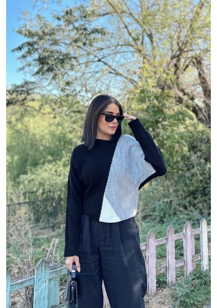 Kadın Siyah Renk Bloklu, Uzun Kol, Yumuşak Dokulu, Salaş Triko Kazak fırsatları