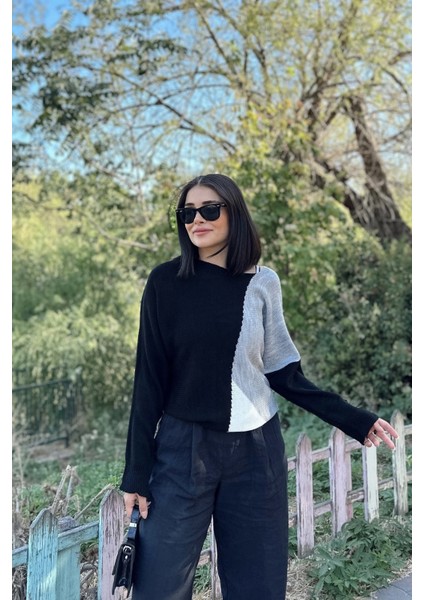 Kadın Siyah Renk Bloklu, Uzun Kol, Yumuşak Dokulu, Salaş Triko Kazak indirimleri