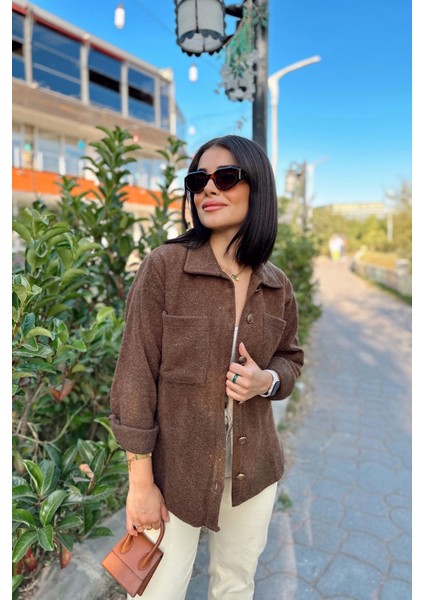 Kadın Kahve Uzun Kol, Çift Cepli, Eteği Oval Kesim, Kaşe Gömlek Ceket fiyatları