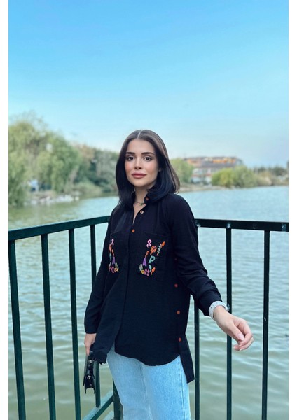 Kadın Siyah Uzun Kol, Çift Cepli, Nakış Detaylı, Yanları Düğmeli, Oval Kesim, Gömlek modelleri