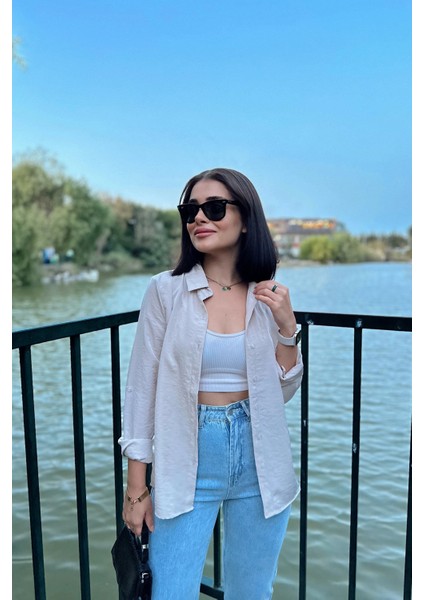 Kadın Bej Klasik Yaka Uzun Kol Regular Kesim Standart Boy Gömlek (Özel Kumaş) fiyatları