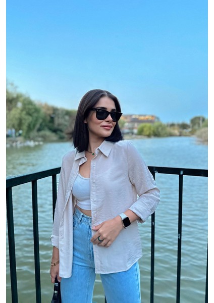 Kadın Bej Klasik Yaka Uzun Kol Regular Kesim Standart Boy Gömlek (Özel Kumaş) modelleri