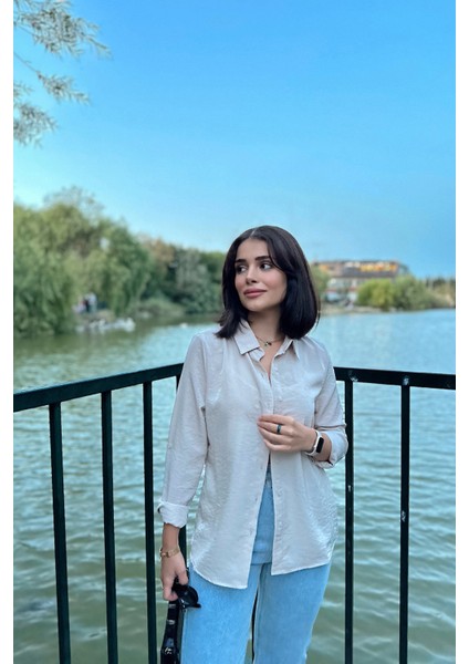 Kadın Bej Klasik Yaka Uzun Kol Regular Kesim Standart Boy Gömlek (Özel Kumaş) fırsatları