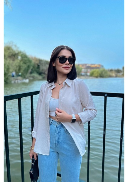 Kadın Bej Klasik Yaka Uzun Kol Regular Kesim Standart Boy Gömlek (Özel Kumaş) indirimleri