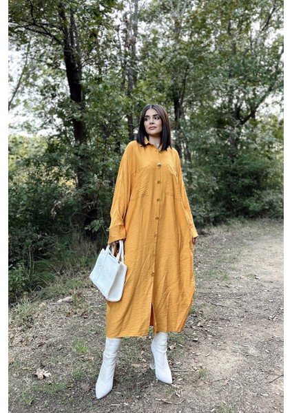 Kadın Hardal Yarasa Kol, Arkası Pliseli, Çift Cepli, Uzun Oversize Salaş Gömlek Elbise modelleri