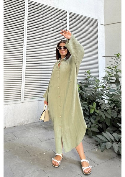 Kadın Haki Muslin Kumaş, Yarasa Kol, Eteği Oval, Çift Cepli, Uzun Oversize Salaş Gömlek Elbise modelleri