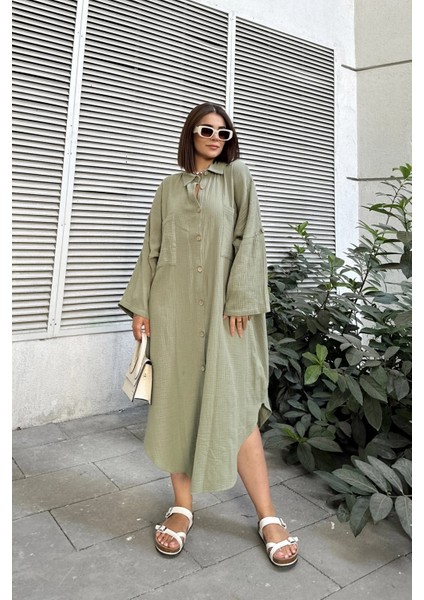 Kadın Haki Muslin Kumaş, Yarasa Kol, Eteği Oval, Çift Cepli, Uzun Oversize Salaş Gömlek Elbise fırsatları