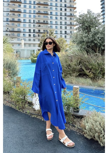 Kadın Saks Muslin Kumaş, Yarasa Kol, Eteği Oval, Çift Cepli, Uzun Oversize Salaş Gömlek Elbise modelleri