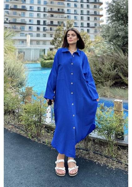 Kadın Saks Muslin Kumaş, Yarasa Kol, Eteği Oval, Çift Cepli, Uzun Oversize Salaş Gömlek Elbise fırsatları
