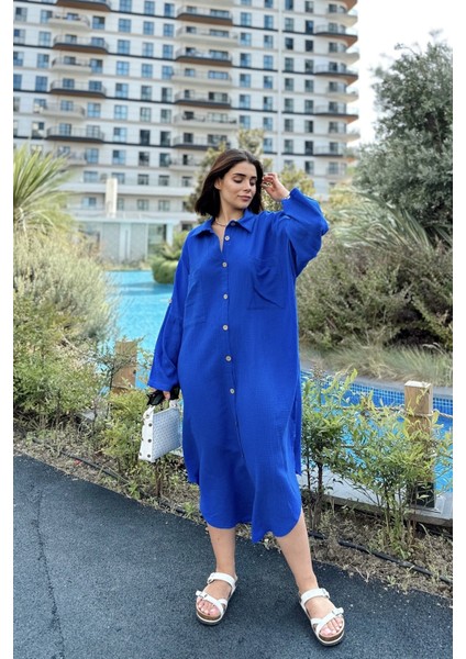 Kadın Saks Muslin Kumaş, Yarasa Kol, Eteği Oval, Çift Cepli, Uzun Oversize Salaş Gömlek Elbise indirimleri