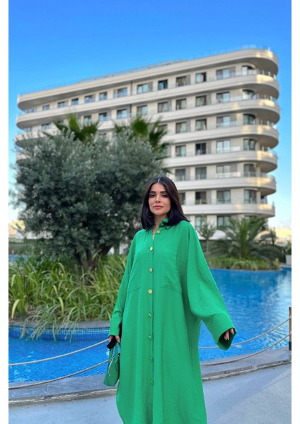Kadın Çimen Yeşili Yarasa Kol, Arkası Pliseli, Çift Cepli, Uzun Oversize Salaş Gömlek Elbise modelleri
