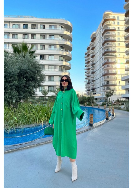 Kadın Çimen Yeşili Yarasa Kol, Arkası Pliseli, Çift Cepli, Uzun Oversize Salaş Gömlek Elbise fırsatları