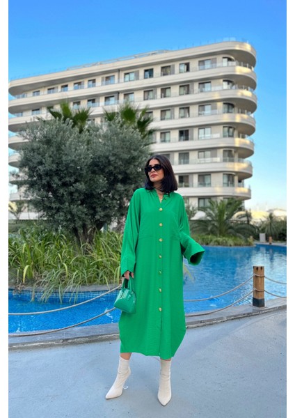 Kadın Çimen Yeşili Yarasa Kol, Arkası Pliseli, Çift Cepli, Uzun Oversize Salaş Gömlek Elbise indirimleri