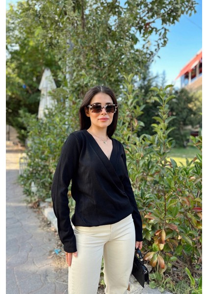 Kadın Siyah Kruvaze Yaka, Yumuşak Dokulu, Uzun Kol, Triko Bluz