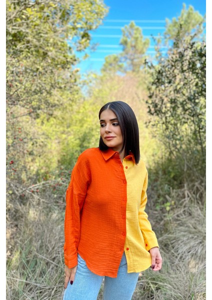 Kadın Turuncu & Sarı Muslin Kumaş, Çift Bloklu, Eteği Oval, Uzun Kol, Regular Kesim Gömlek