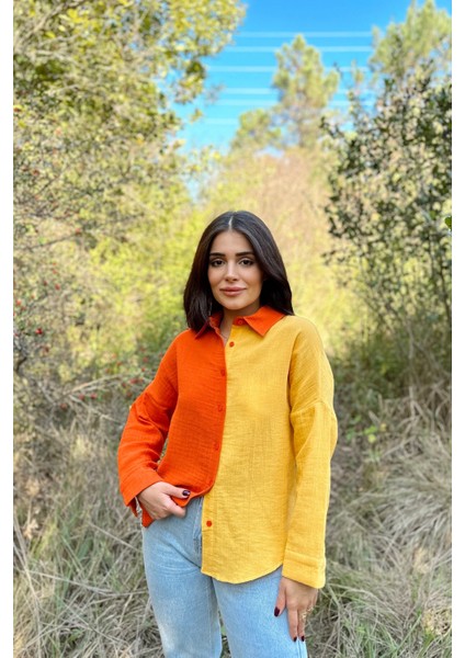Kadın Turuncu & Sarı Muslin Kumaş, Çift Bloklu, Eteği Oval, Uzun Kol, Regular Kesim Gömlek