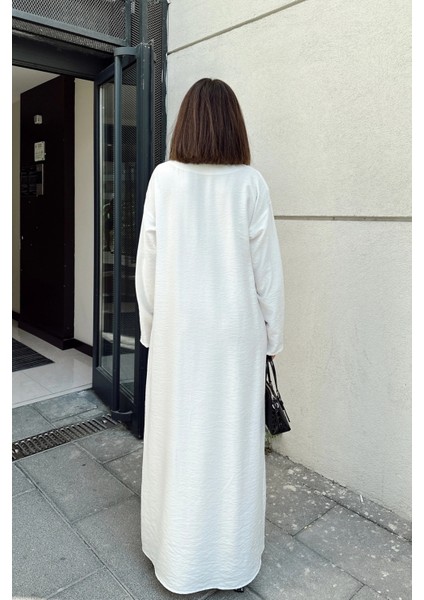 Kadın Bej Boğazlı, Uzun Kolları Manşet ve Pencere Detaylı, A Kesim, Salaş, Uzun Elbise fırsatları