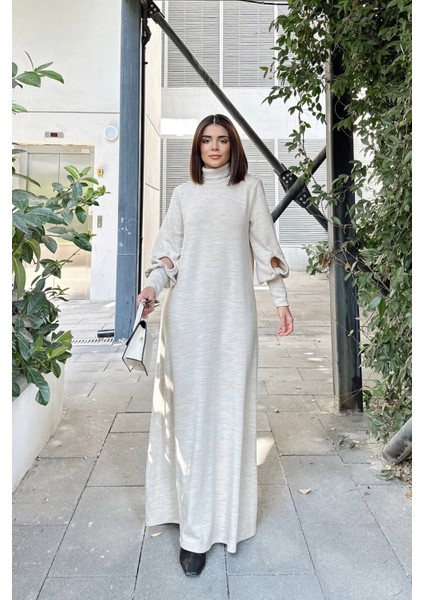 Kadın Bej Boğazlı, Uzun Kolları Manşet ve Pencere Detaylı, A Kesim, Salaş, Uzun Elbise indirimleri