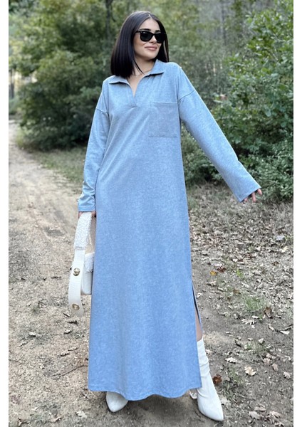 Kadın Gri Polo Yaka, Uzun Kol, Cepli, Yırtmaçlı, Salaş, Maksi Boy, Örme Elbise