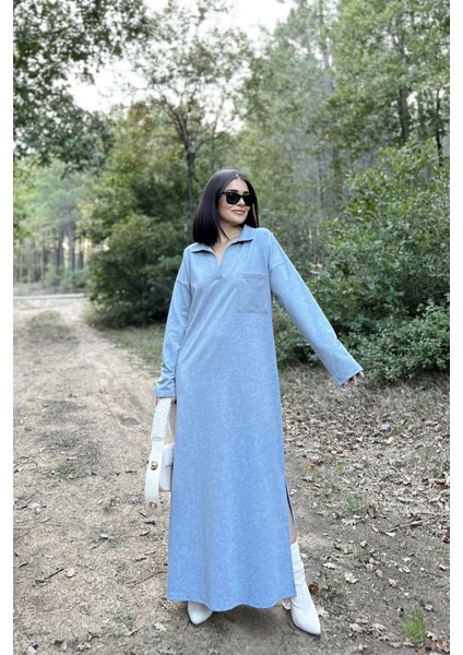 Kadın Gri Polo Yaka, Uzun Kol, Cepli, Yırtmaçlı, Salaş, Maksi Boy, Örme Elbise fiyatları