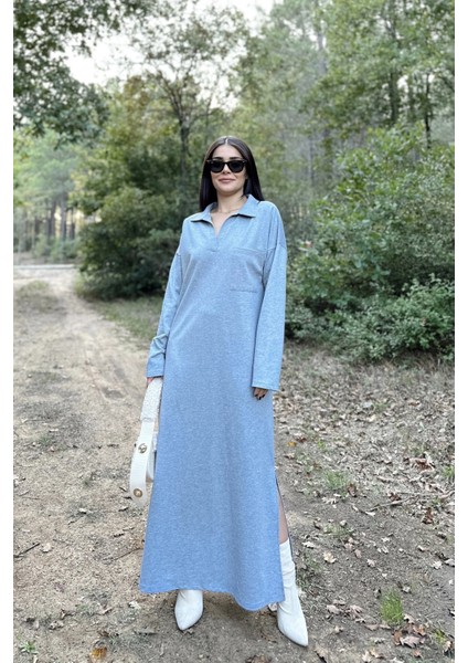 Kadın Gri Polo Yaka, Uzun Kol, Cepli, Yırtmaçlı, Salaş, Maksi Boy, Örme Elbise modelleri