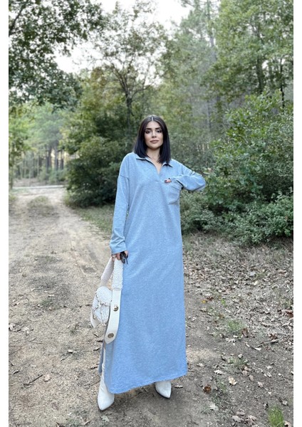 Kadın Gri Polo Yaka, Uzun Kol, Cepli, Yırtmaçlı, Salaş, Maksi Boy, Örme Elbise fırsatları