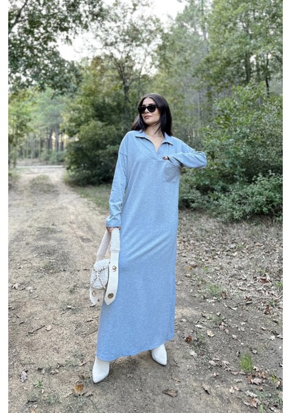 Kadın Gri Polo Yaka, Uzun Kol, Cepli, Yırtmaçlı, Salaş, Maksi Boy, Örme Elbise indirimleri